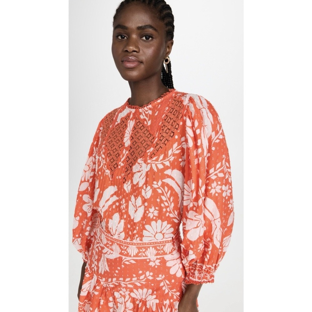 FARM Rio Coral and White Floral Crochet Yoke Blouse